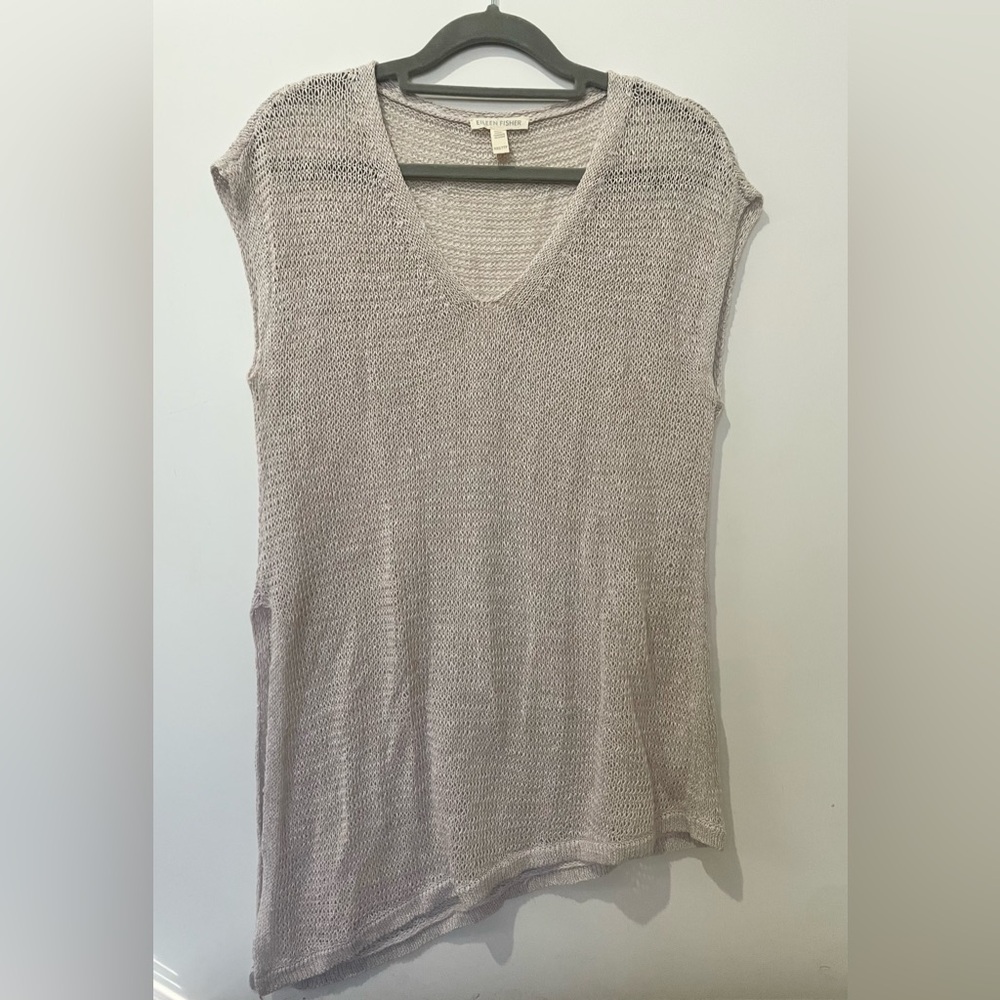 Eileen Fisher Asymmetrical Short Sleeve Linen Beige Tunic Sweater Size XXS